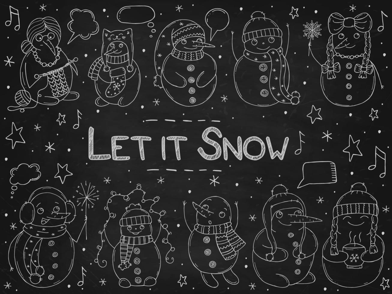 ensemble de bonhommes de neige mignons sur un tableau de craie noire. illustration vectorielle dans un style doodle. humeur d'hiver. bonjour 2023. joyeux noël et bonne année. vecteur