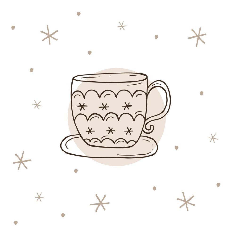 tasse de thé ou de café avec des flocons de neige sur fond blanc et marron. illustration vectorielle dans un style doodle. humeur d'hiver. bonjour 2023. joyeux noël et bonne année. vecteur