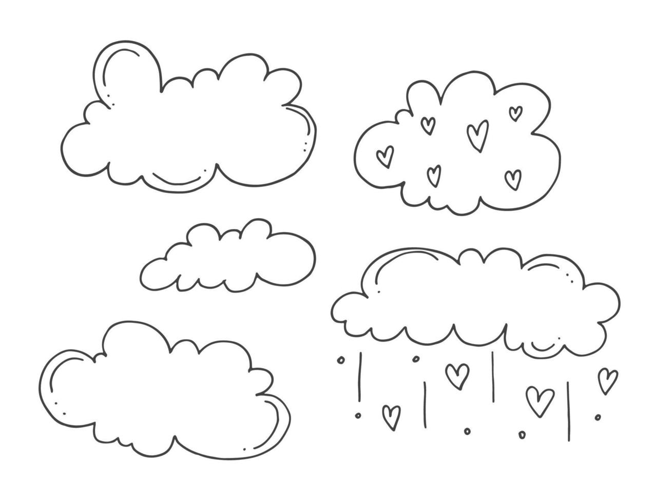 ensemble d'éléments de doodle mignons dessinés à la main sur l'amour. autocollants de message pour les applications. icônes pour la saint valentin, les événements romantiques et le mariage. nuages et pluie des cœurs. vecteur