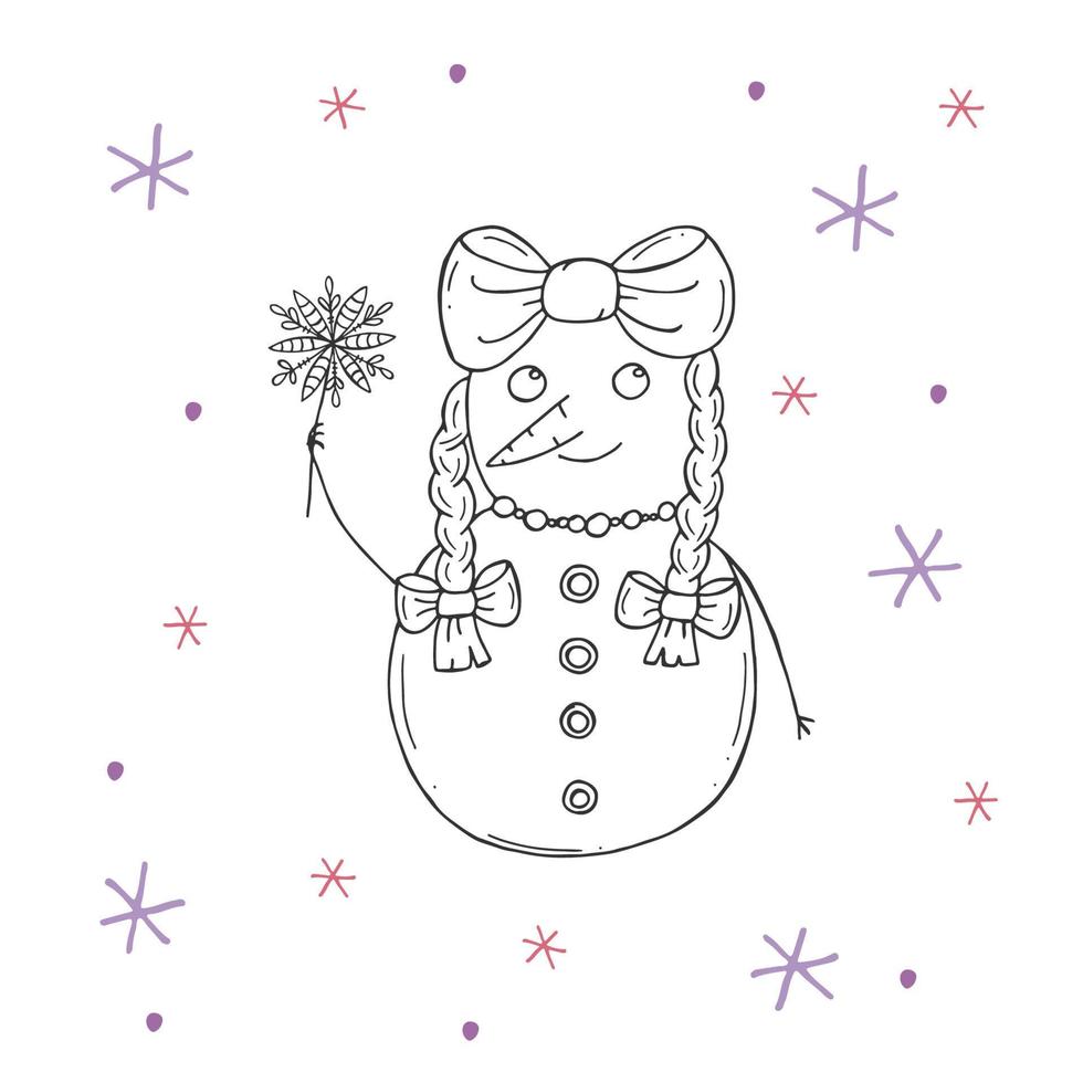 mignon bonhomme de neige avec des flocons de neige violets et roses sur fond blanc. illustration vectorielle dans un style doodle. humeur d'hiver. bonjour 2023. joyeux noël et bonne année. vecteur