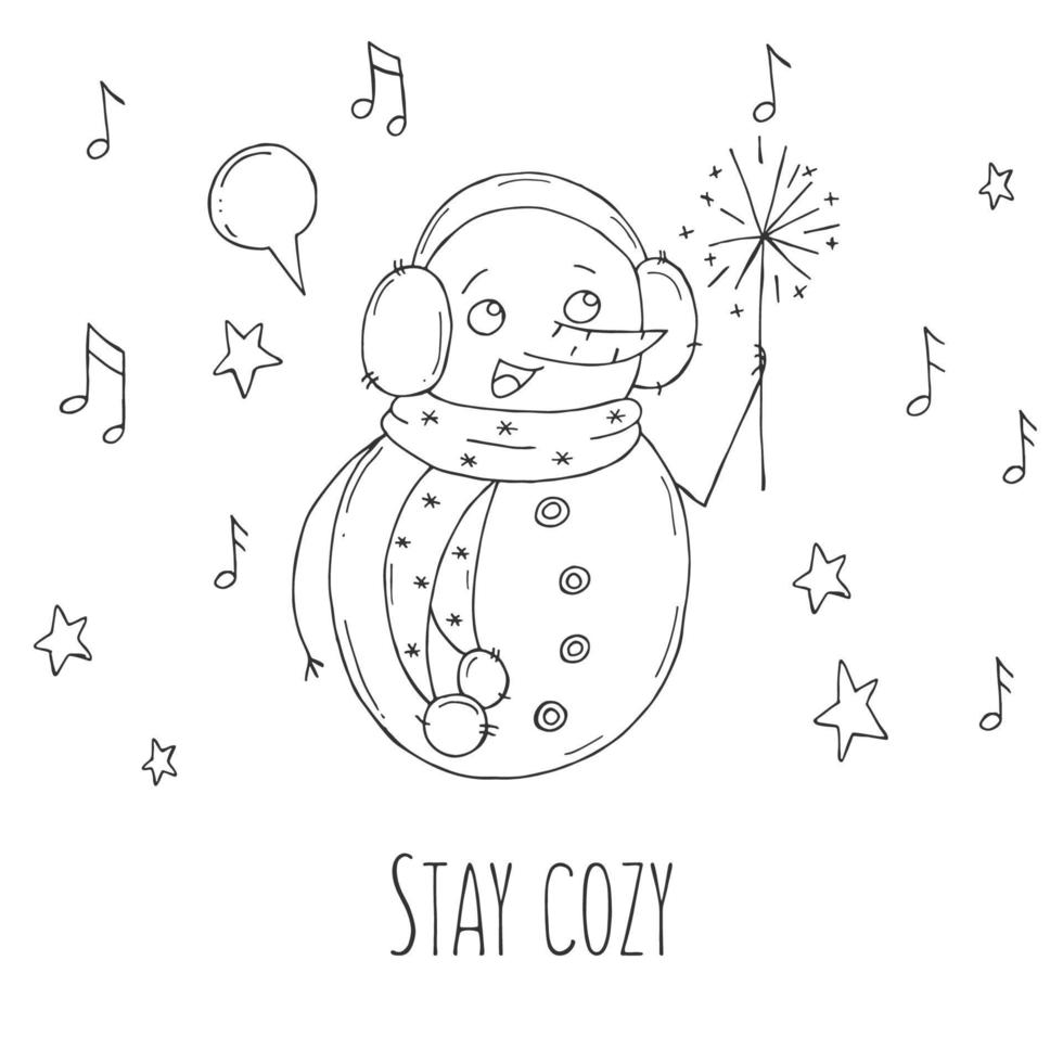 mignon bonhomme de neige avec étoiles et notes sur fond blanc. illustration vectorielle dans un style doodle. humeur d'hiver. bonjour 2023. joyeux noël et bonne année. vecteur