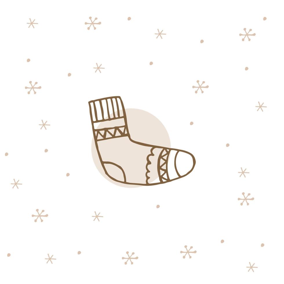 un vêtement d'hiver dessiné à la main. illustration vectorielle dans un style doodle. humeur d'hiver. bonjour 2023. joyeux noël et bonne année. chaussette marron avec ornement sur fond blanc avec des flocons de neige. vecteur