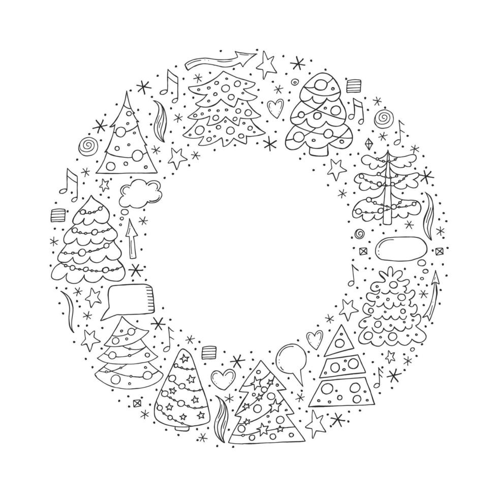 mignons arbres de noël en forme de cercle.illustration vectorielle en style doodle. humeur d'hiver. bonjour 2023. joyeux noël et bonne année. vecteur