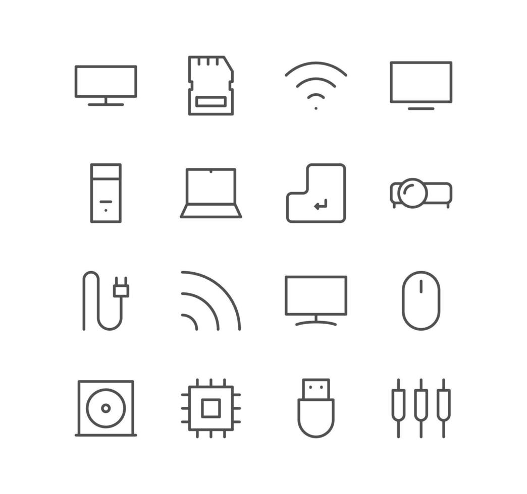 ensemble d'icônes d'ordinateur et de composant, moniteur, câble, adaptateur, souris et vecteurs de variété linéaire. vecteur