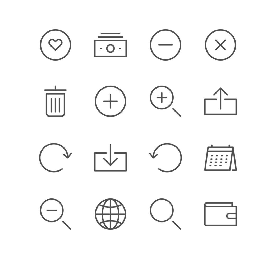 ensemble d'icônes d'interface et web, téléchargement, loupe, portefeuille, rafraîchissement, navigation et vecteurs de variété linéaire. vecteur