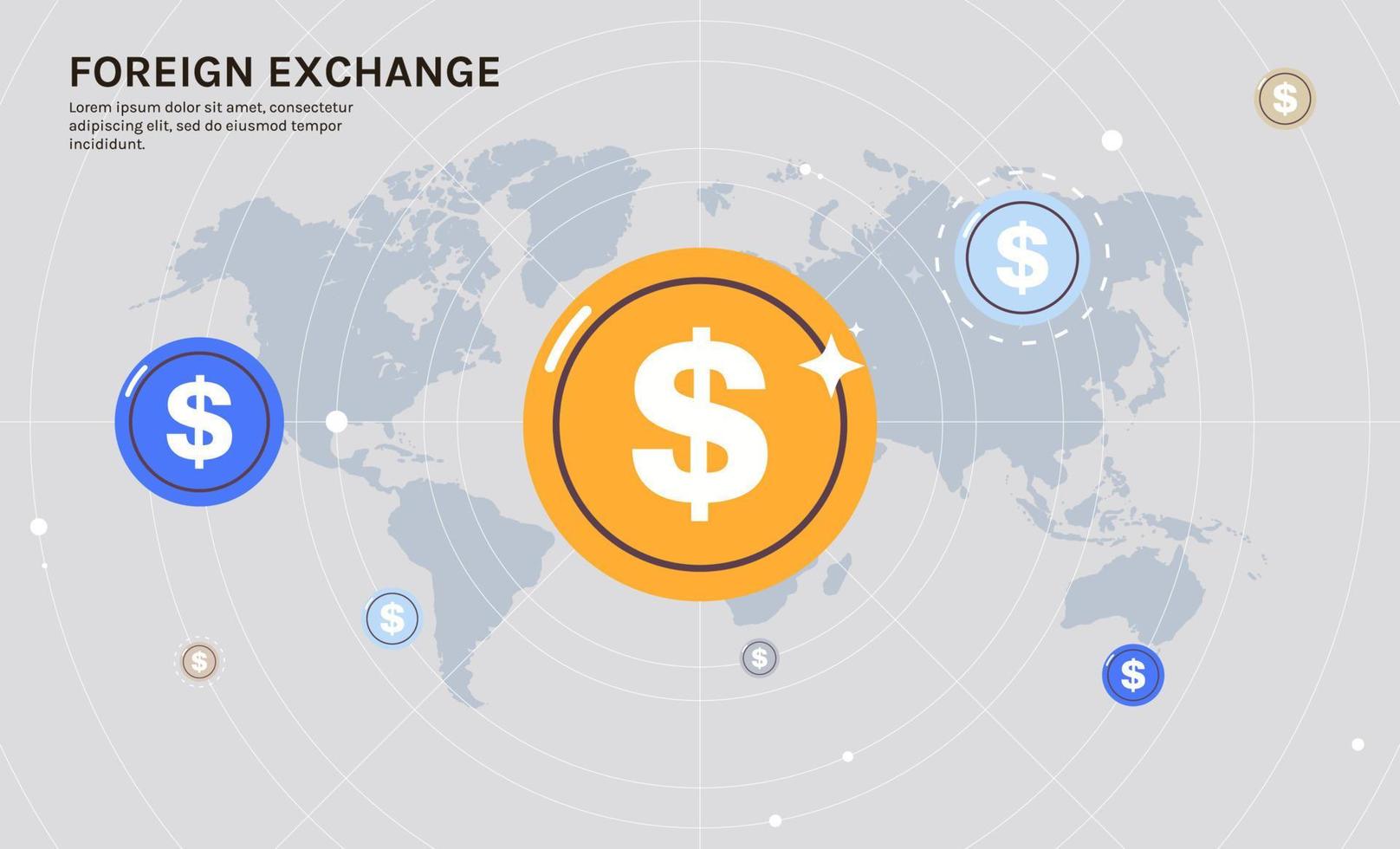 technologie financière et fintech, banque en ligne, change, progression du dollar avec illustration vectorielle plane du concept global pins. vecteur