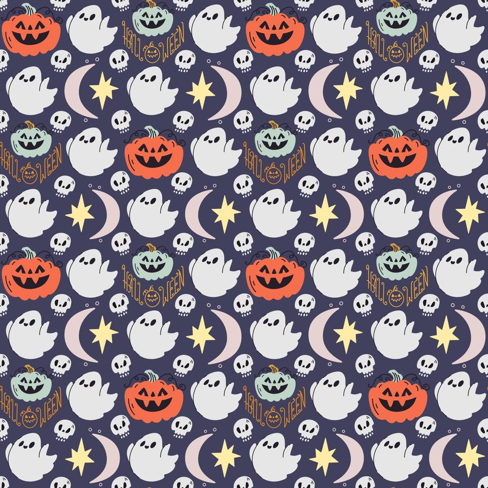 joli motif harmonieux d'halloween enfantin dans un style de doodle plat avec fantôme, citrouille souriante, lune, godille, étoiles sur fond violet. parfait pour le papier numérique et la décoration. vecteur