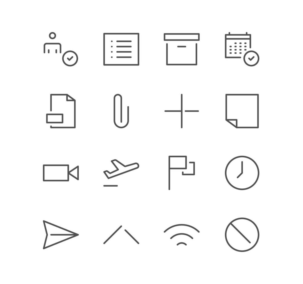 ensemble d'icônes d'interface et de technologie, personnes, utilisateur, courrier, drapeau, boîte, calendrier, pièce jointe, sans fil, note et vecteurs de variété linéaire. vecteur