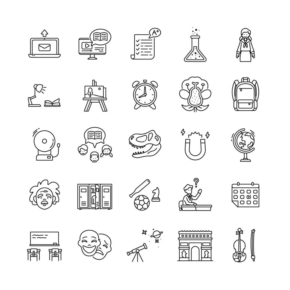 ensemble d'icônes de contour d'école. contient des icônes telles que le fossile préhistorique, le magnétisme, le sport, la demande d'étudiant, la cloche de l'école, le scientifique, le masque de théâtre, le globe, l'arc de triomphe, etc. pixel parfait à 64x64. vecteur