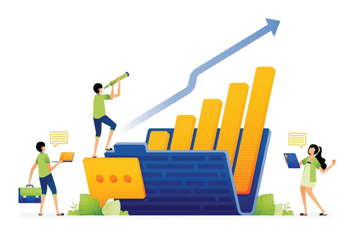 illustration de la création de rapports financiers d'entreprise stockés dans un dossier à discuter lors de réunions d'employés. la conception peut être utilisée pour la page de destination, les applications de démarrage, la page Web, les publicités vecteur