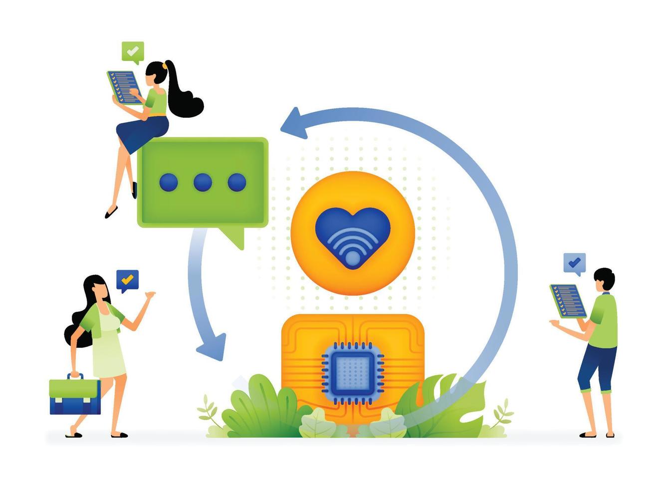 illustration des applications de rencontres utilisent des puces d'intelligence artificielle pour faire circuler les vibrations romantiques de la communication de couple ou de chat utilisateur. la conception peut être utilisée pour la page de destination, les applications de démarrage, la page Web, les publicités vecteur