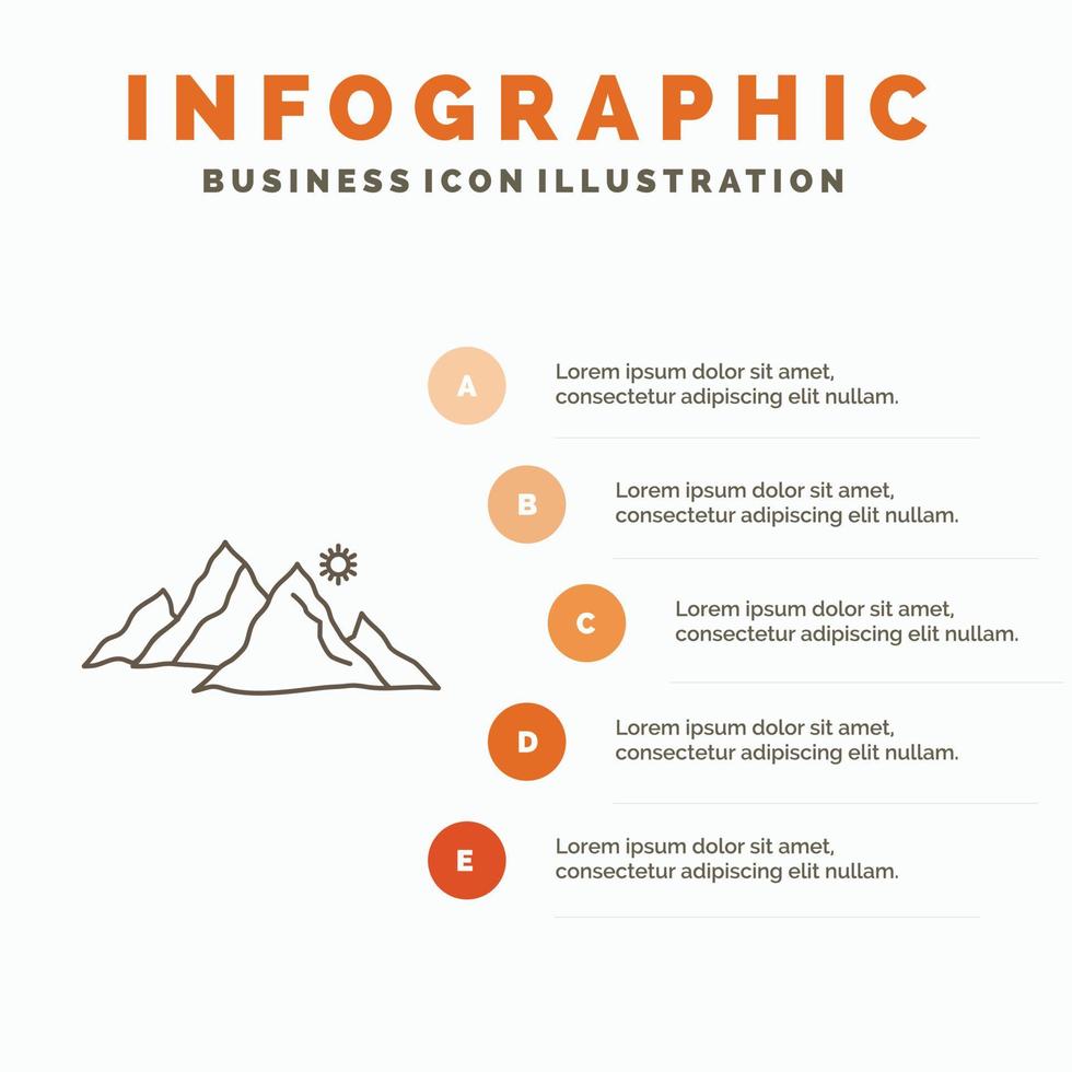 Montagne. paysage. colline. la nature. modèle d'infographie du soleil pour le site Web et la présentation. icône grise de ligne avec illustration vectorielle de style infographie orange vecteur