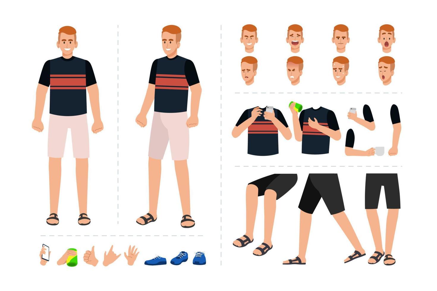 jeune homme en vêtements décontractés avec diverses expressions faciales, gestes de la main, illustration du mouvement du corps et des jambes. personnage de dessin animé pour l'animation de conception de mouvement vecteur