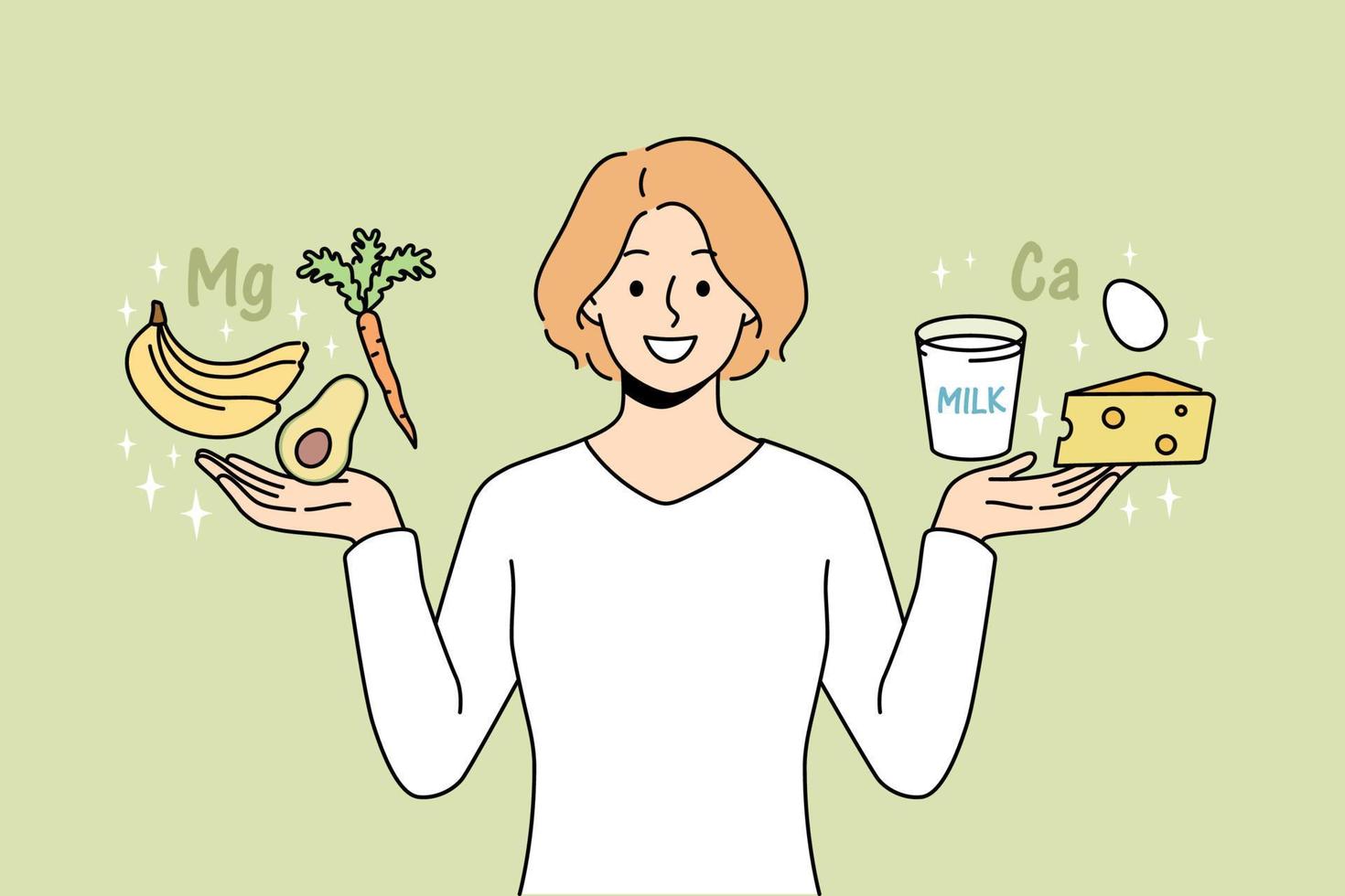 souriante jeune femme tenant des produits de calcium et de magnésium dans les mains. une femme heureuse suit un mode de vie sain. alimentation et nutrition. illustration vectorielle. vecteur