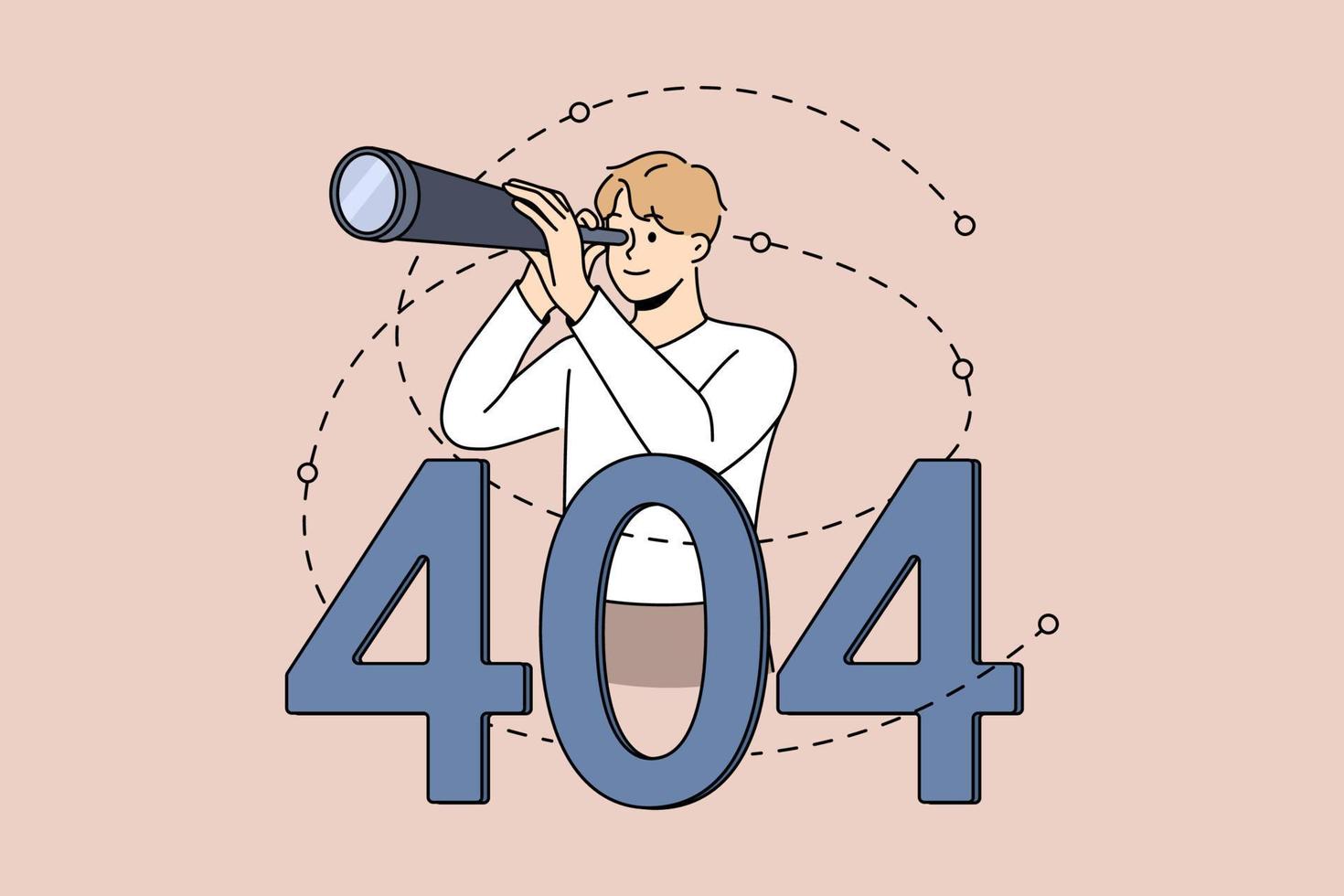 homme avec tube binoculaire sur page introuvable en arrière-plan. homme à la recherche d'informations sur internet voir page d'erreur. illustration vectorielle. vecteur