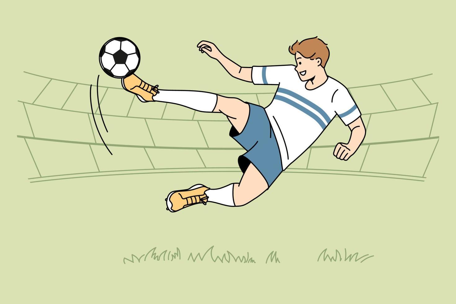 footballeur joueur kick balle sur le terrain. footballeur en uniforme score but en match. concept de sport et de jeu. illustration vectorielle. vecteur