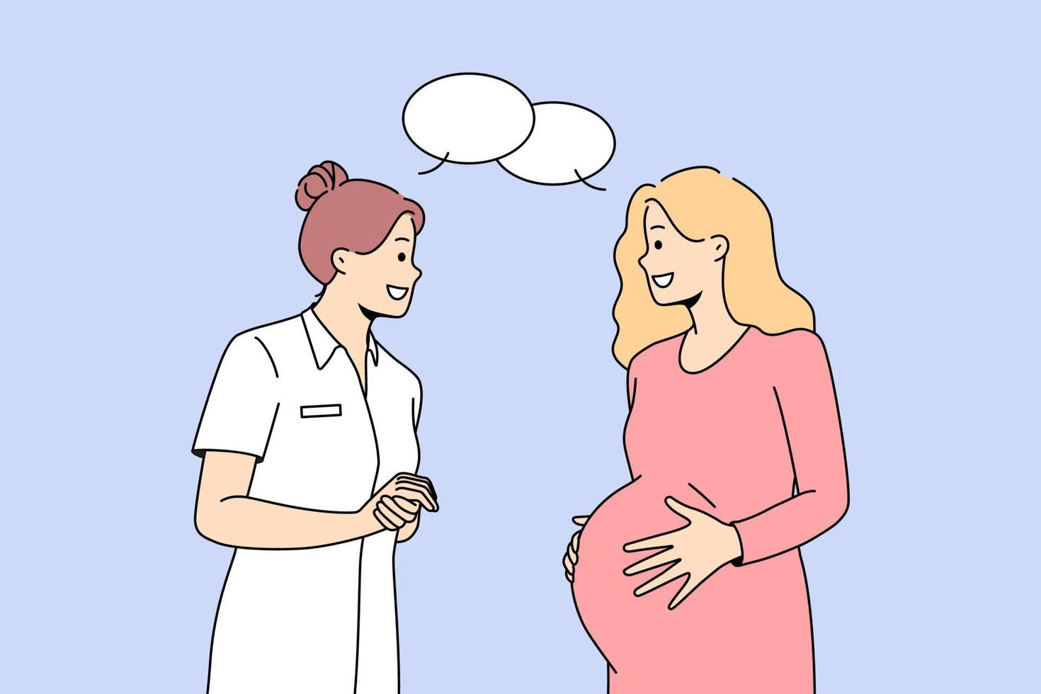 un gynécologue consulte une femme enceinte à l'hôpital. médecin ou infirmière attentionné parlant avec la future mère. soins de grossesse et de maternité. illustration vectorielle. vecteur