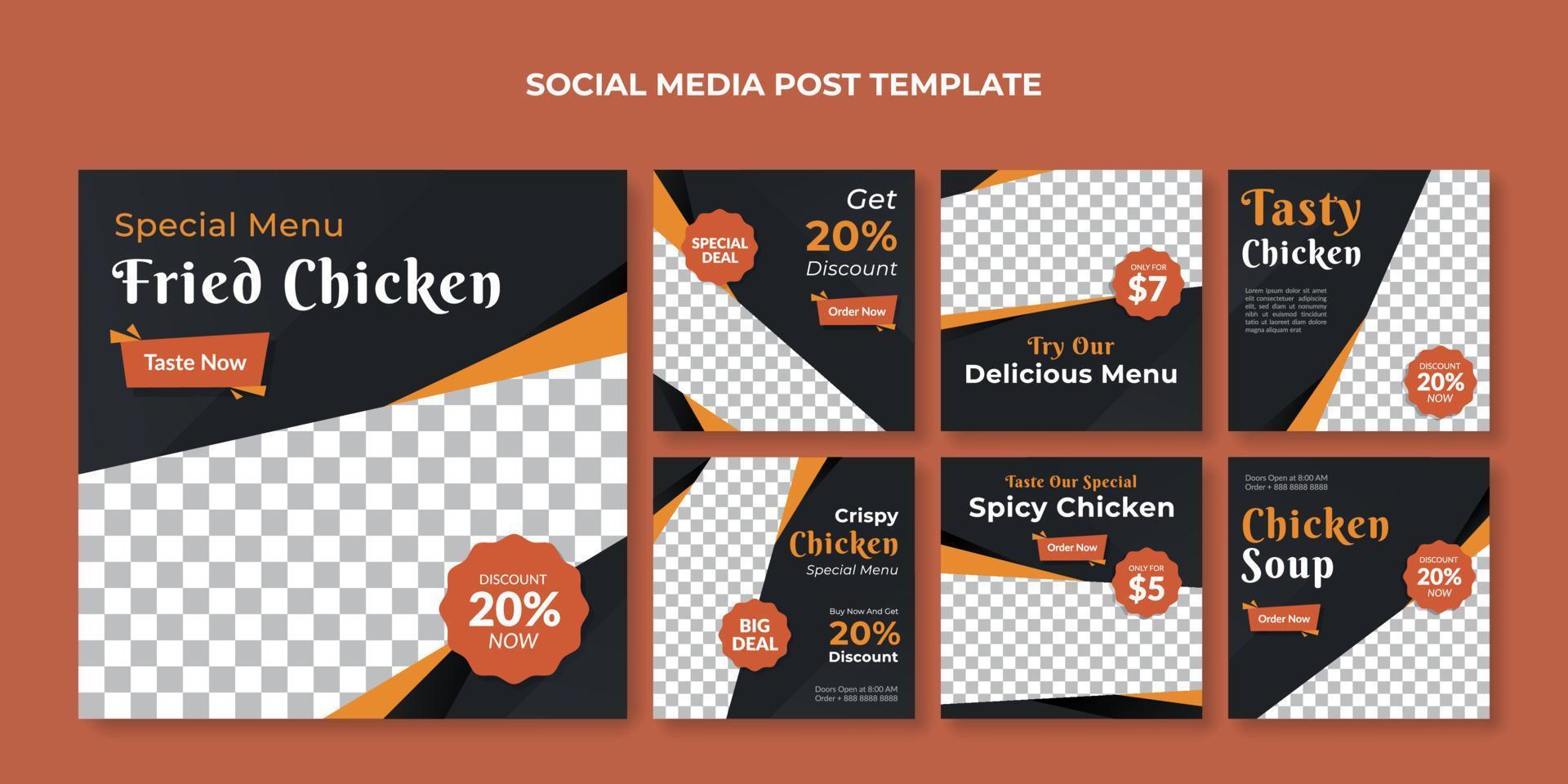 modèle de publication de médias sociaux de poulet frit. bannière alimentaire pour restaurant et café vecteur