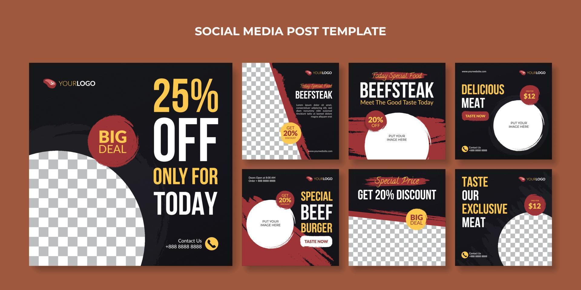 modèle de publication de steak de boeuf sur les réseaux sociaux. bannière alimentaire pour restaurant et café vecteur