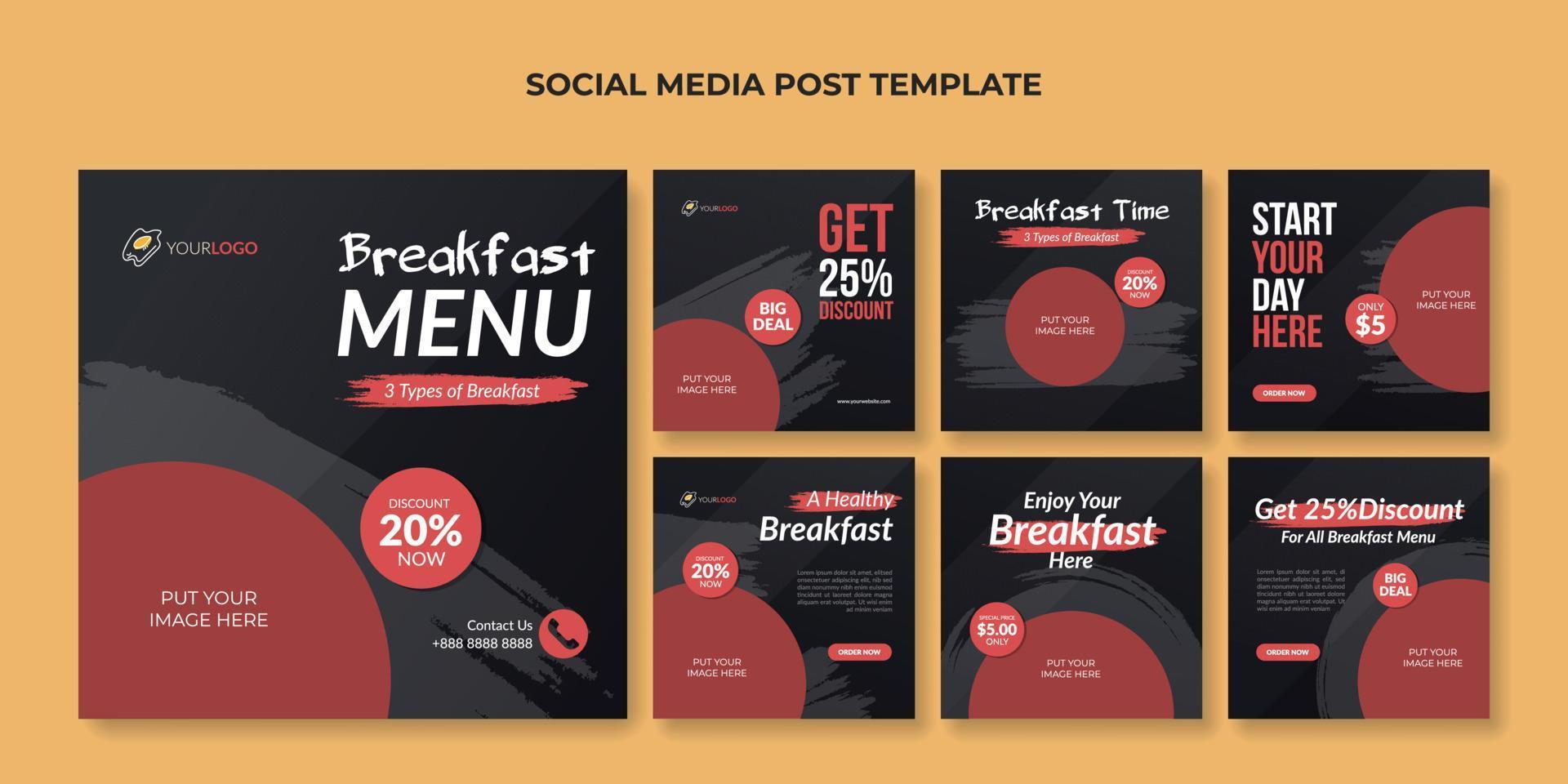 modèle de publication sur les médias sociaux du menu du petit déjeuner. bannière alimentaire pour restaurant ou café vecteur