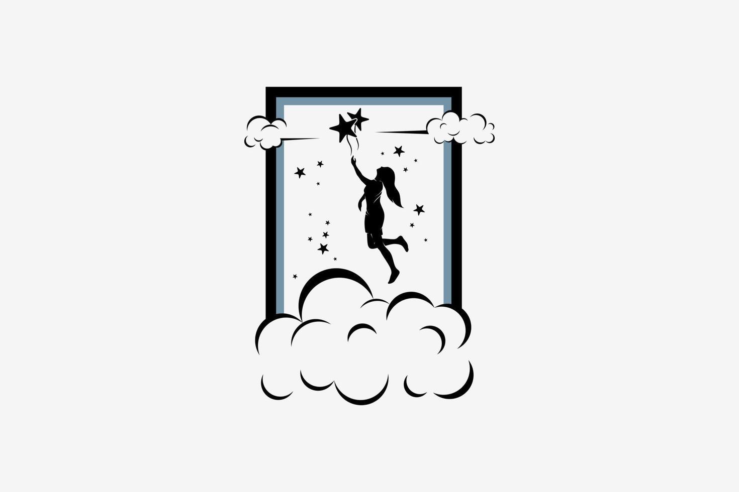Atteindre la conception du logo des étoiles avec un concept créatif, silhouette de femme atteignant les étoiles au-dessus des nuages dans une boîte vecteur