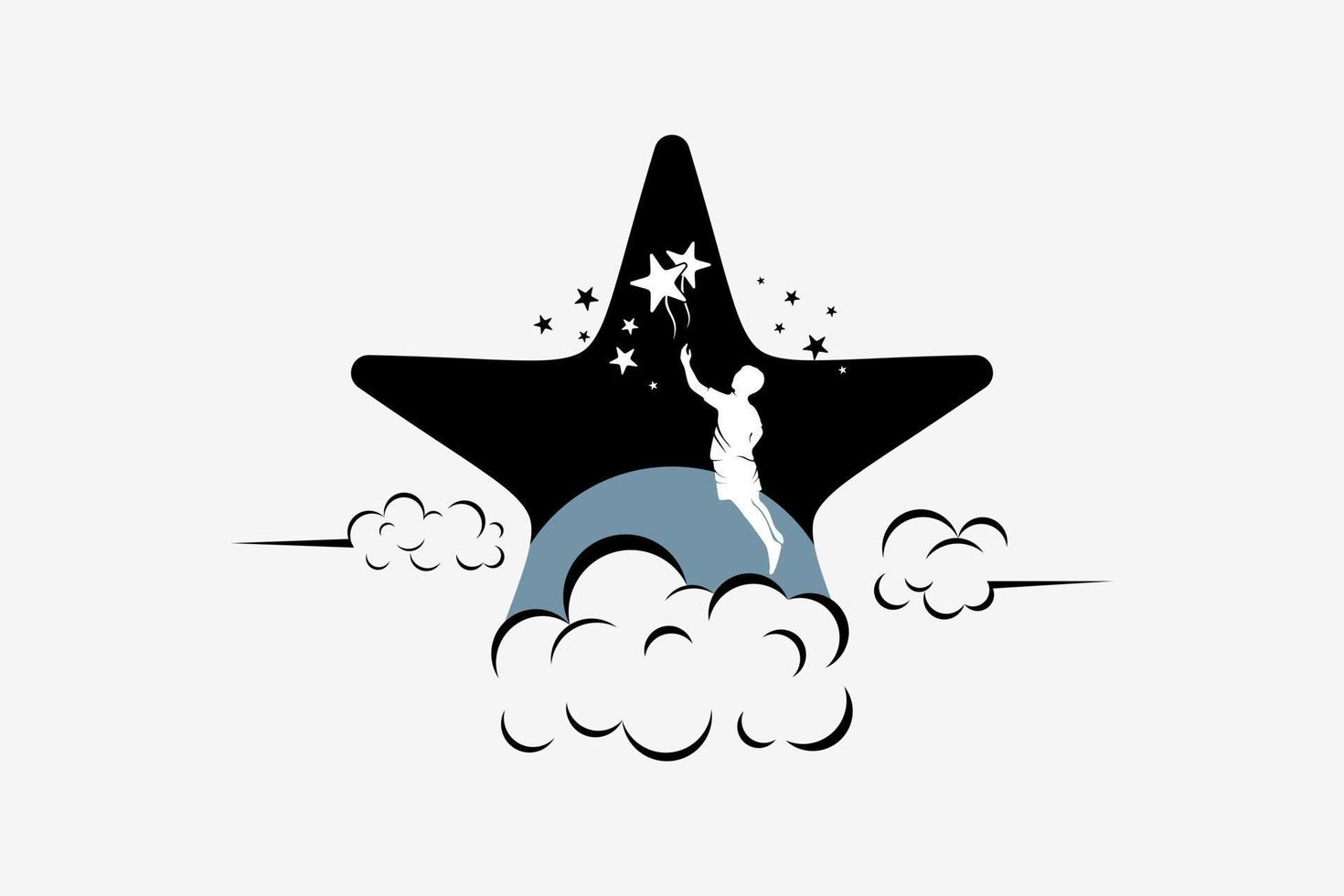 conception de logo atteignant les étoiles avec concept créatif, silhouette de personnes atteignant les étoiles avec fond de nuit dans l'icône étoile et lune vecteur