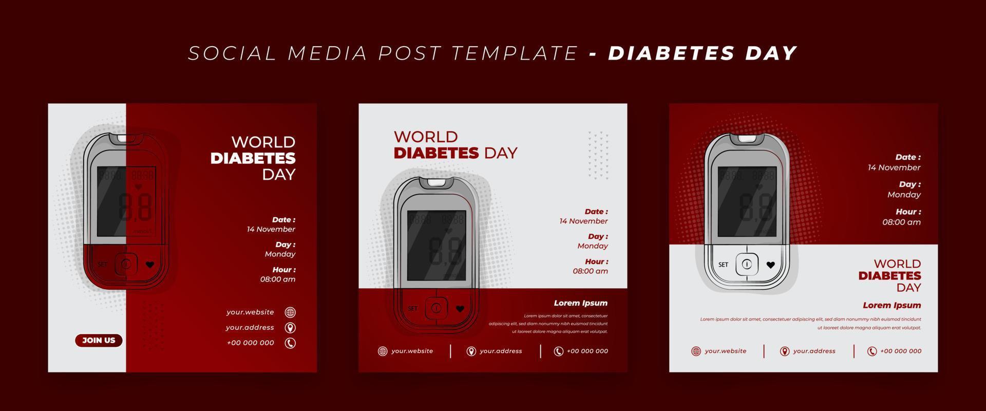 modèle de publication sur les médias sociaux en rouge blanc avec conception de lecteur de glycémie pour la conception de la journée mondiale du diabète vecteur