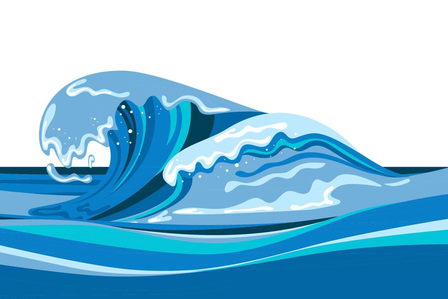 vague de tsumani en style cartoon plat. grande éclaboussure d'eau tropicale bleue avec mousse blanche. illustration vectorielle isolée sur fond blanc vecteur