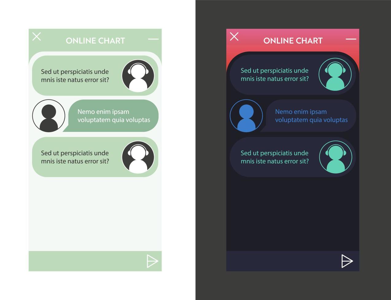 ensemble de fenêtres de chatbot. interface utilisateur de l'application avec dialogue en ligne. conversation avec un robot assistant vecteur