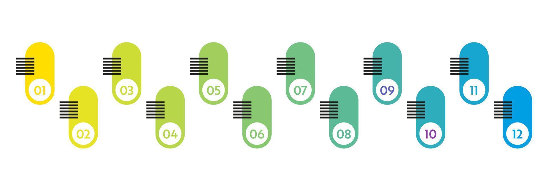 numéros de puces. marqueurs de liste colorés de 1 à 12. éléments de conception vectorielle définis pour l'infographie moderne vecteur