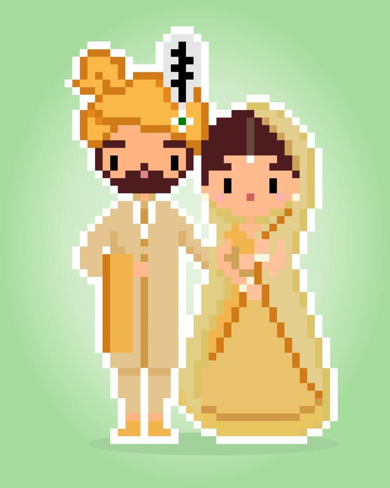 image pixel homme et femme. couple de mariés indiens en illustration vectorielle d'actifs de jeu 8 bits. vecteur