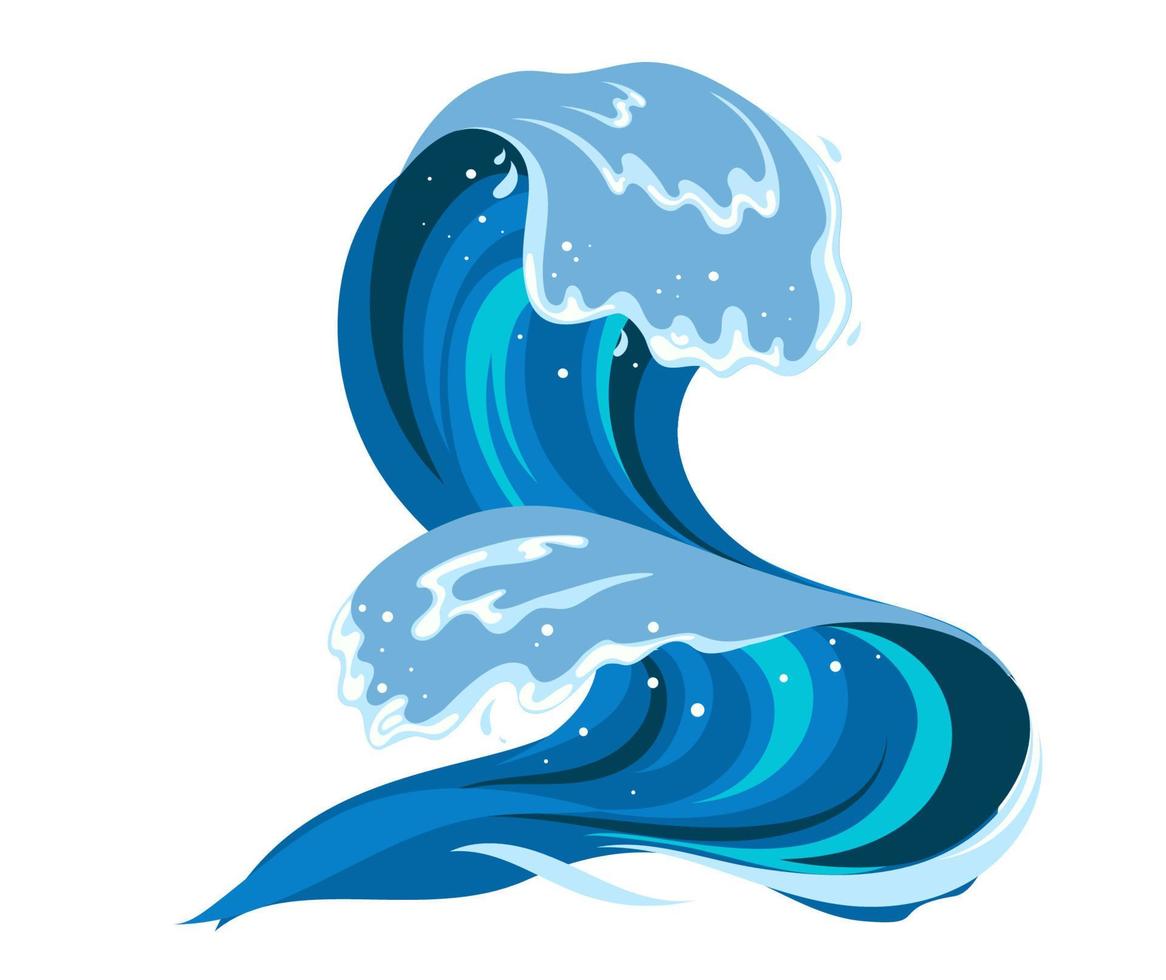 vague de tsumani en style cartoon plat. grande éclaboussure d'eau tropicale bleue avec mousse blanche. illustration vectorielle isolée sur fond blanc vecteur