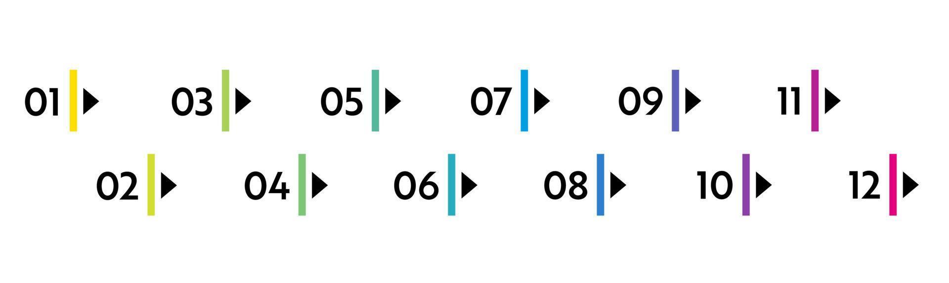 numéros de puces. marqueurs de liste colorés de 1 à 12. éléments de conception vectorielle définis pour l'infographie moderne vecteur