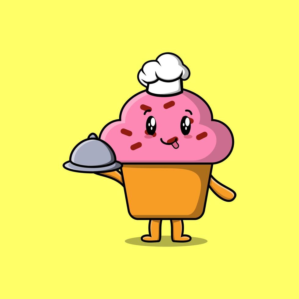 cupcake de chef de dessin animé mignon servant de la nourriture sur un plateau vecteur