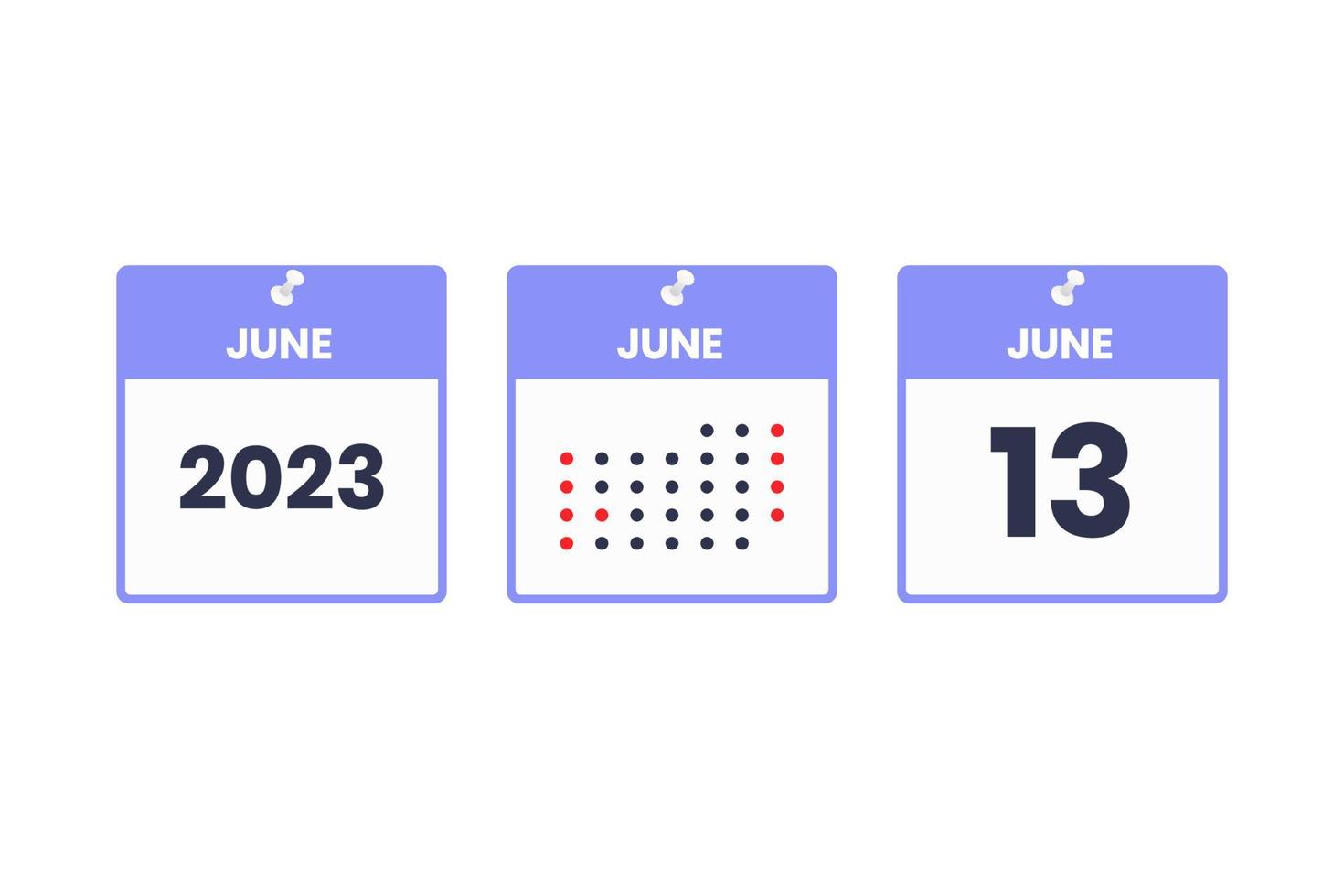 icône de conception de calendrier du 13 juin. Calendrier 2023, rendez-vous, concept de date importante vecteur