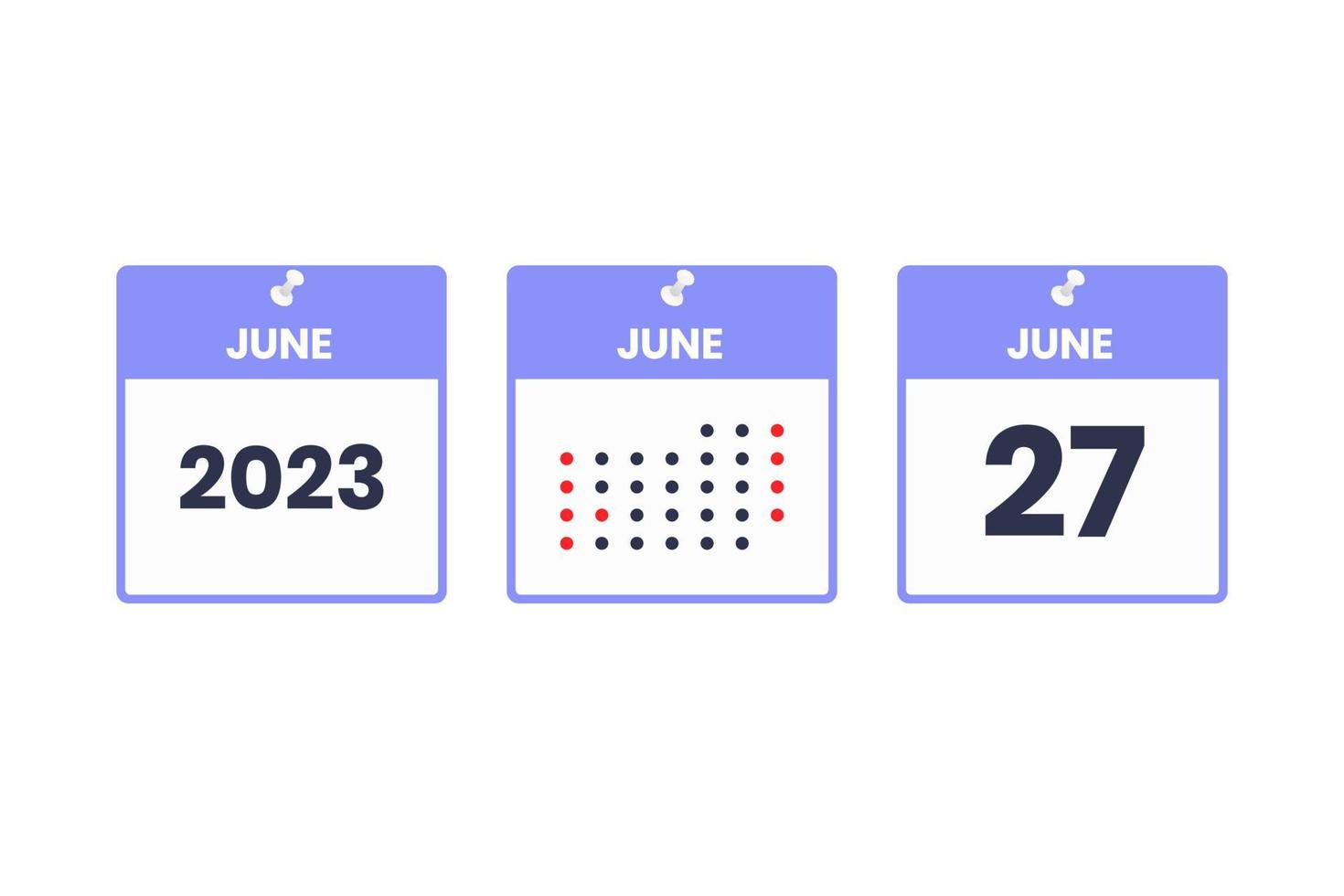 icône de conception de calendrier du 27 juin. Calendrier 2023, rendez-vous, concept de date importante vecteur