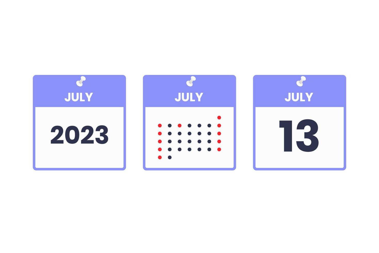 icône de conception de calendrier du 13 juillet. Calendrier 2023, rendez-vous, concept de date importante vecteur