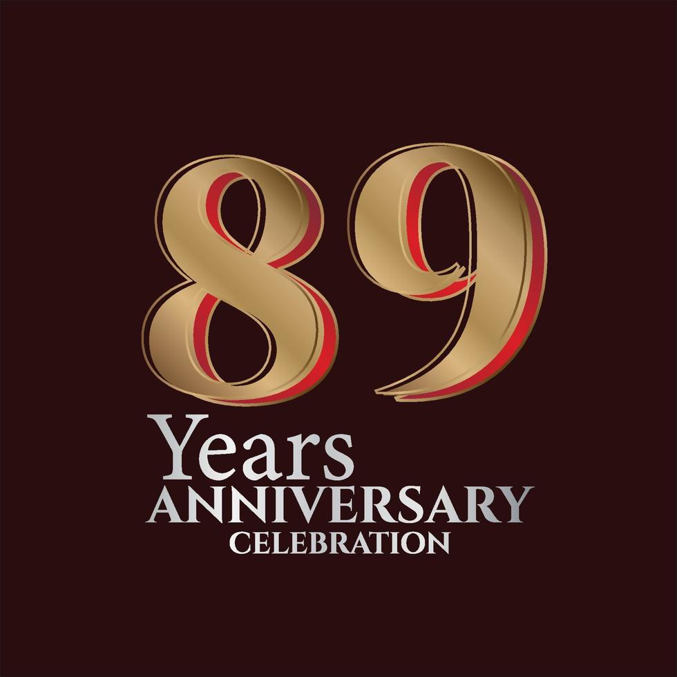 Logo du 89e anniversaire couleur or et rouge isolé sur fond élégant, création vectorielle pour carte de voeux et carte d'invitation vecteur