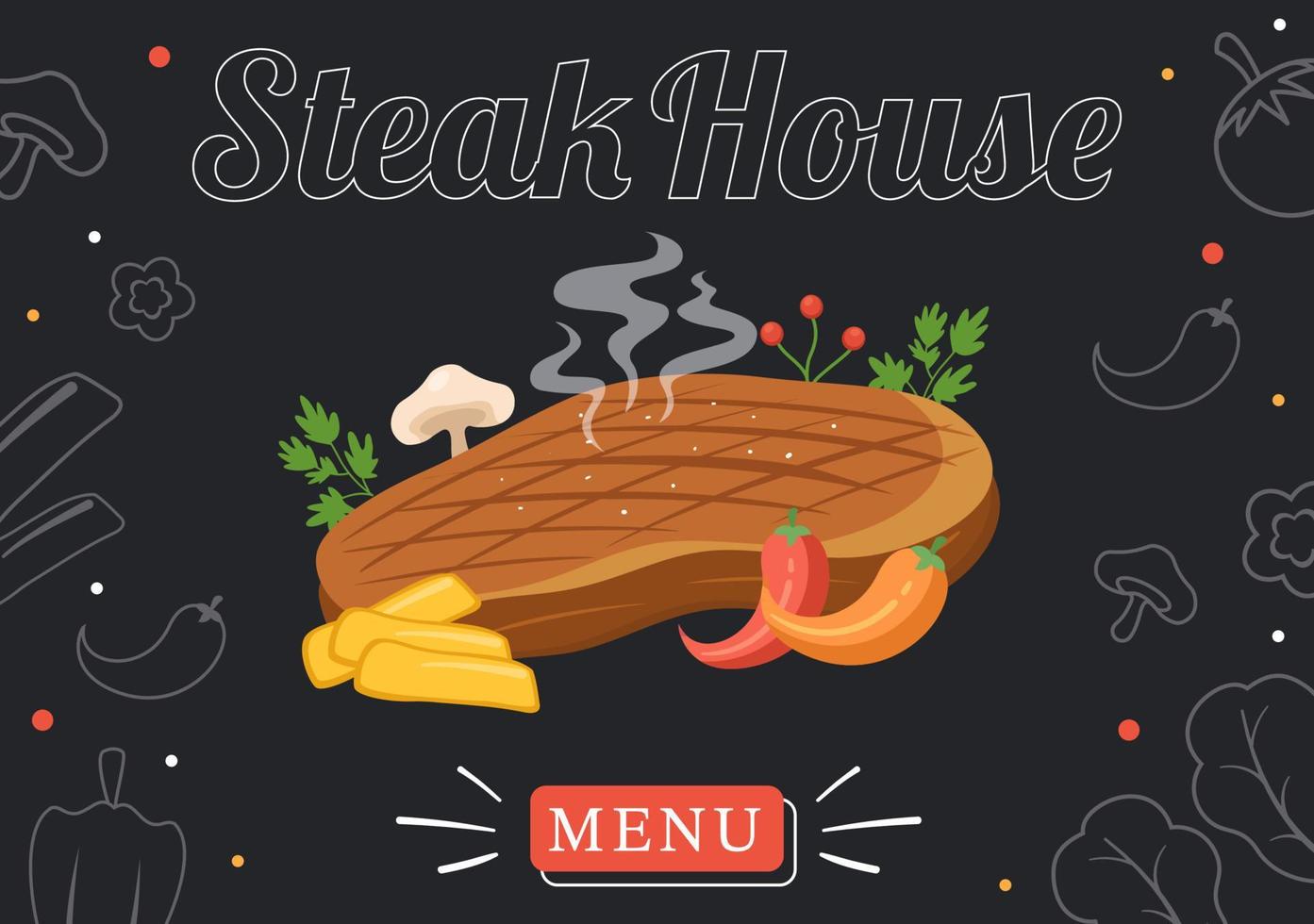 steakhouse de viande grillée avec steak délicieux juteux, salade et tomates pour barbecue en illustration de modèle dessiné à la main dessin animé plat vecteur