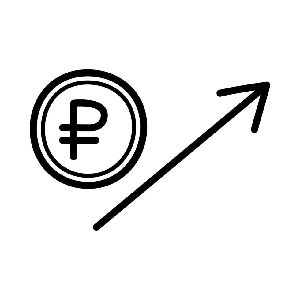 la croissance du rouble russe. icône de croquis dessiné main de pièce avec le symbole du rouble et la flèche vers le haut. illustration vectorielle isolée dans le style de ligne doodle. vecteur