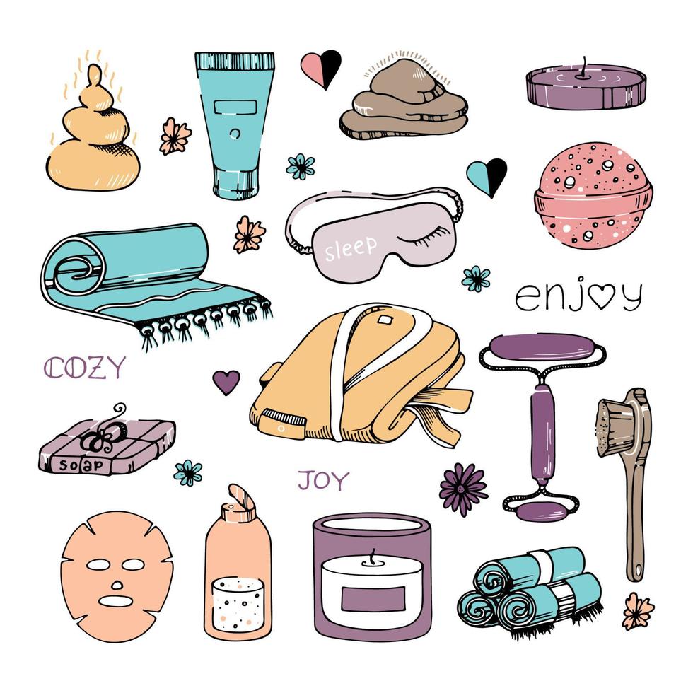 jeu de couleurs de doodle de sauna. accessoires de bain dessinés à la main. illustration de contour de vecteur