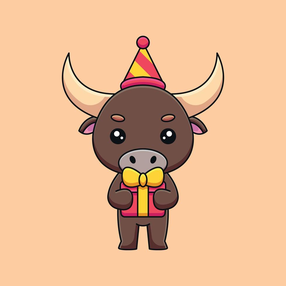 mignon anniversaire taureau dessin animé mascotte doodle art dessiné à la main concept vecteur kawaii icône illustration