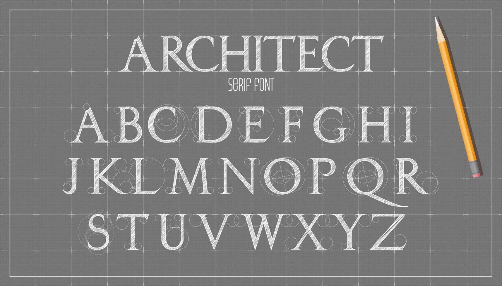 police d'architecture de plan directeur. alphabet majuscule sans empattement. arrière-plan de conception de plan de vecteur de croquis.