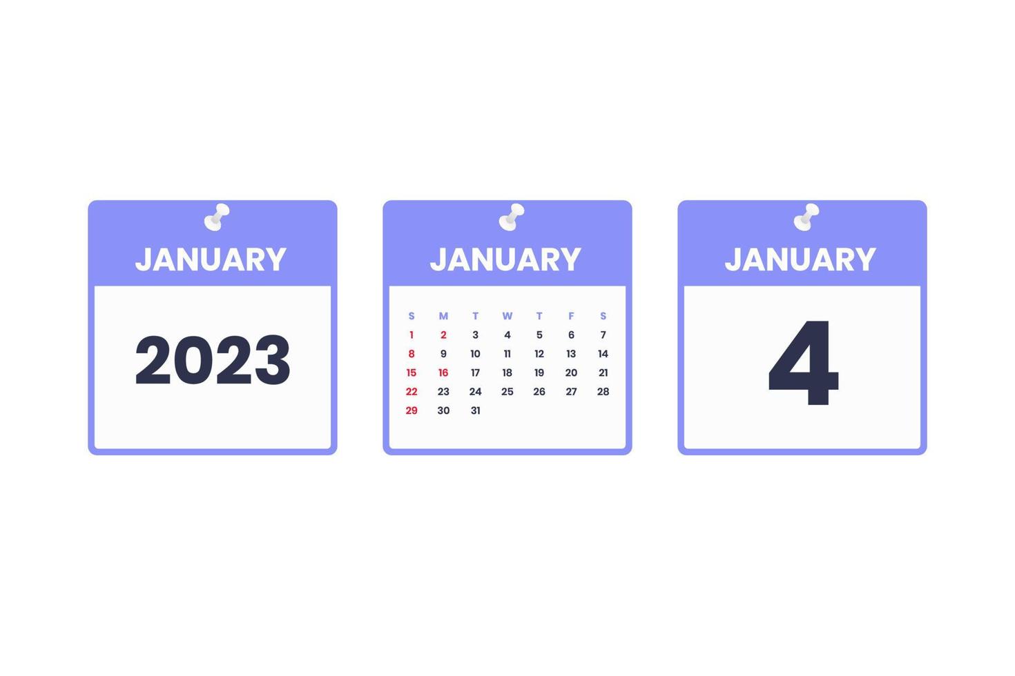 conception du calendrier de janvier. icône de calendrier du 4 janvier 2023 pour l'horaire, le rendez-vous, le concept de date importante vecteur