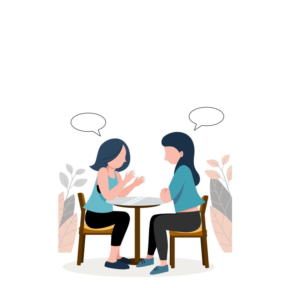 deux filles parlent ensemble au café, les gens parlent de concept. illustration vectorielle plane. vecteur