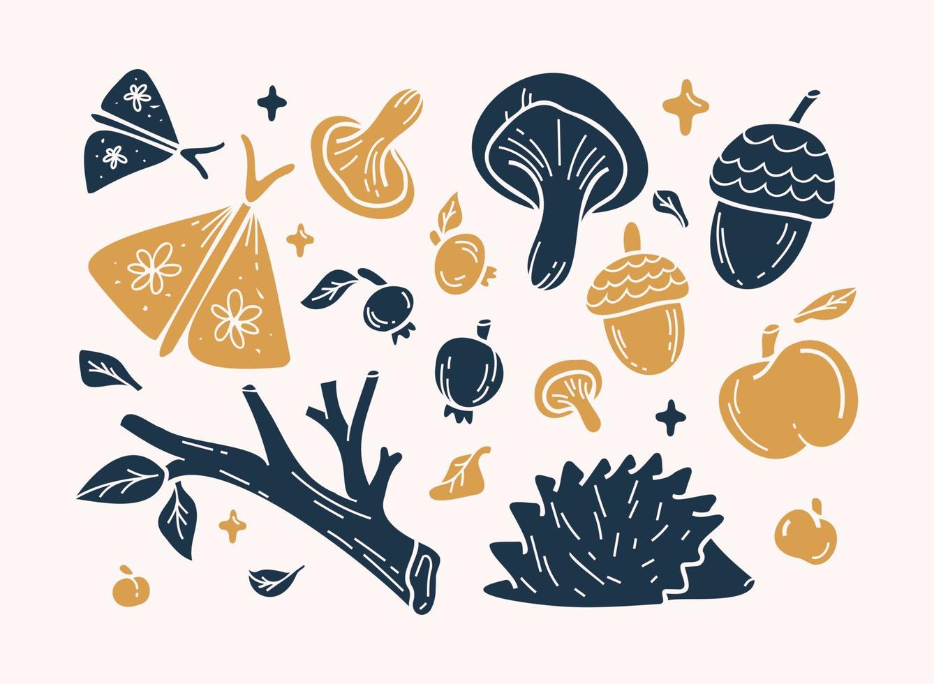 collection d'éléments clipart de fée de linogravure de forêt et de jardin vecteur