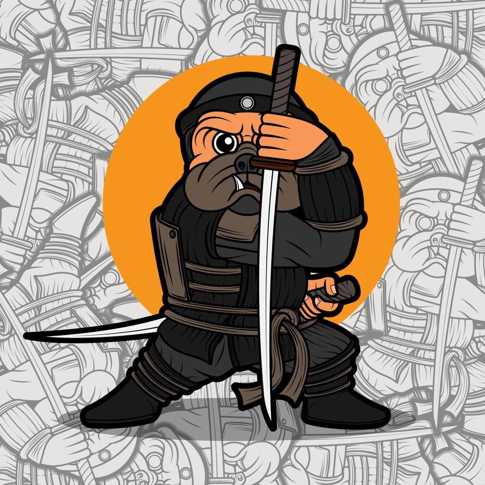 illustration de guerrier ninja chien carlin mignon vecteur