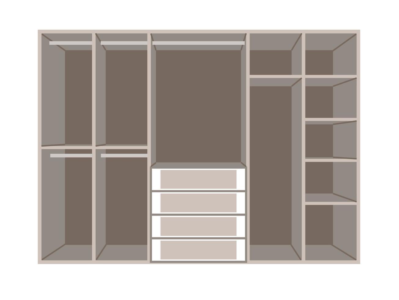 bande dessinée de garde-robe. armoire isolé sur fond blanc. armoire ouverte vide avec cintre, étagères et tiroirs. vecteur