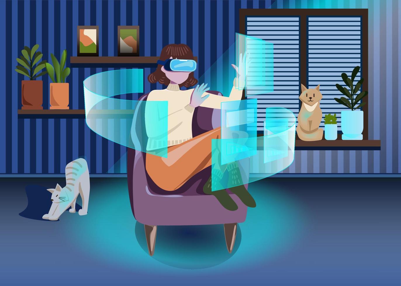 technologie du cyber-monde numérique métaverse, femme tenant des lunettes de réalité virtuelle entourées de données d'hologramme 3d d'interface futuriste, femme dans une pièce confortable avec des chats et des plantes. illustration vectorielle. vecteur