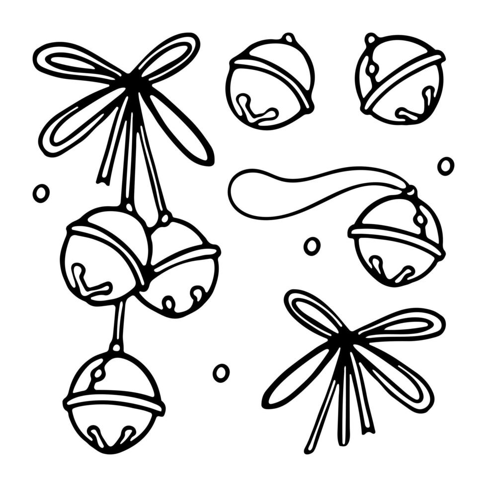 cloches de noël avec ruban arc contour doodle dessin animé pour illustration vectorielle de livre à colorier vecteur